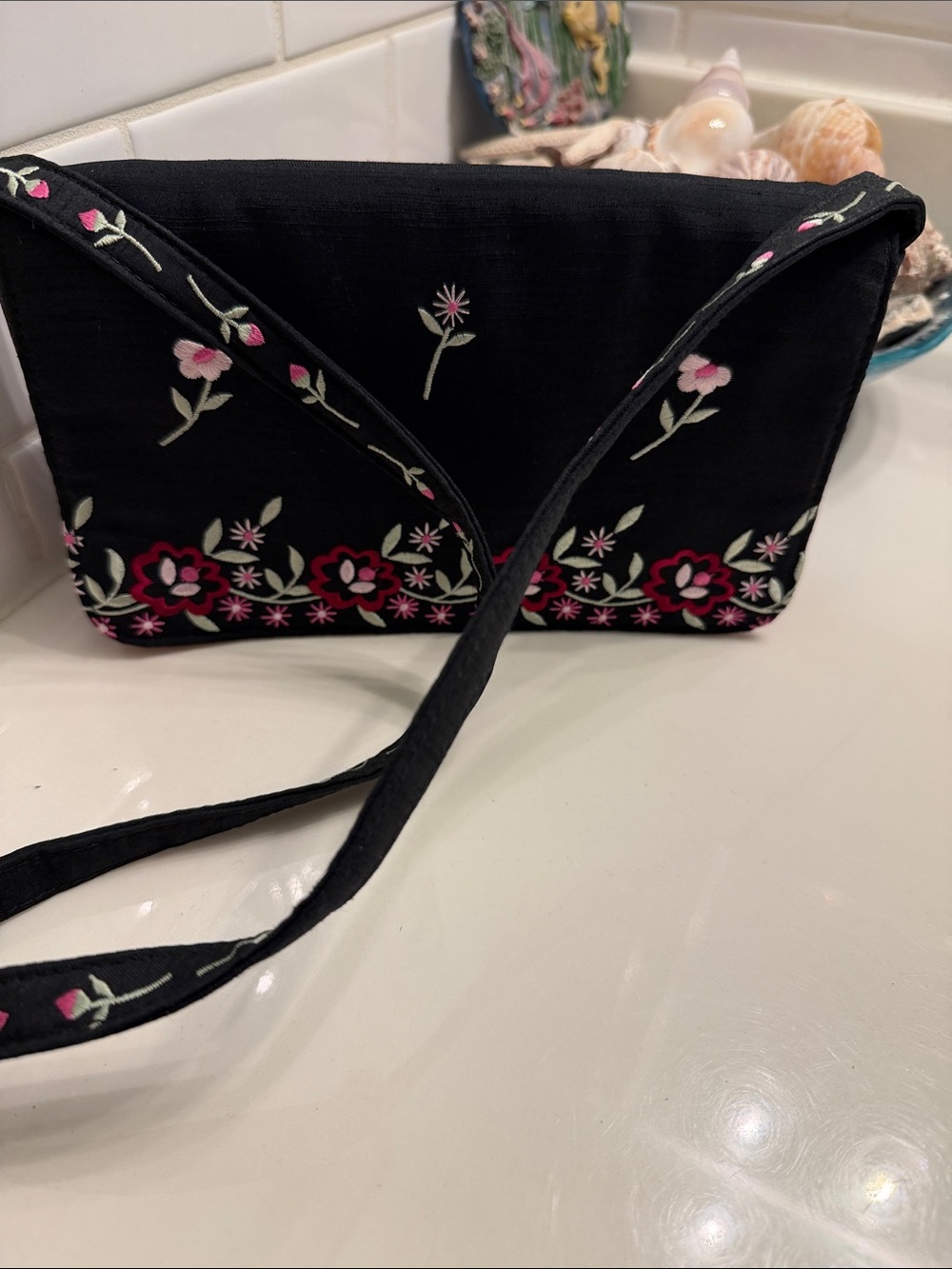 Liz Claiborne Black Shoulder Bag with Pink & Cream Floral Embroidery